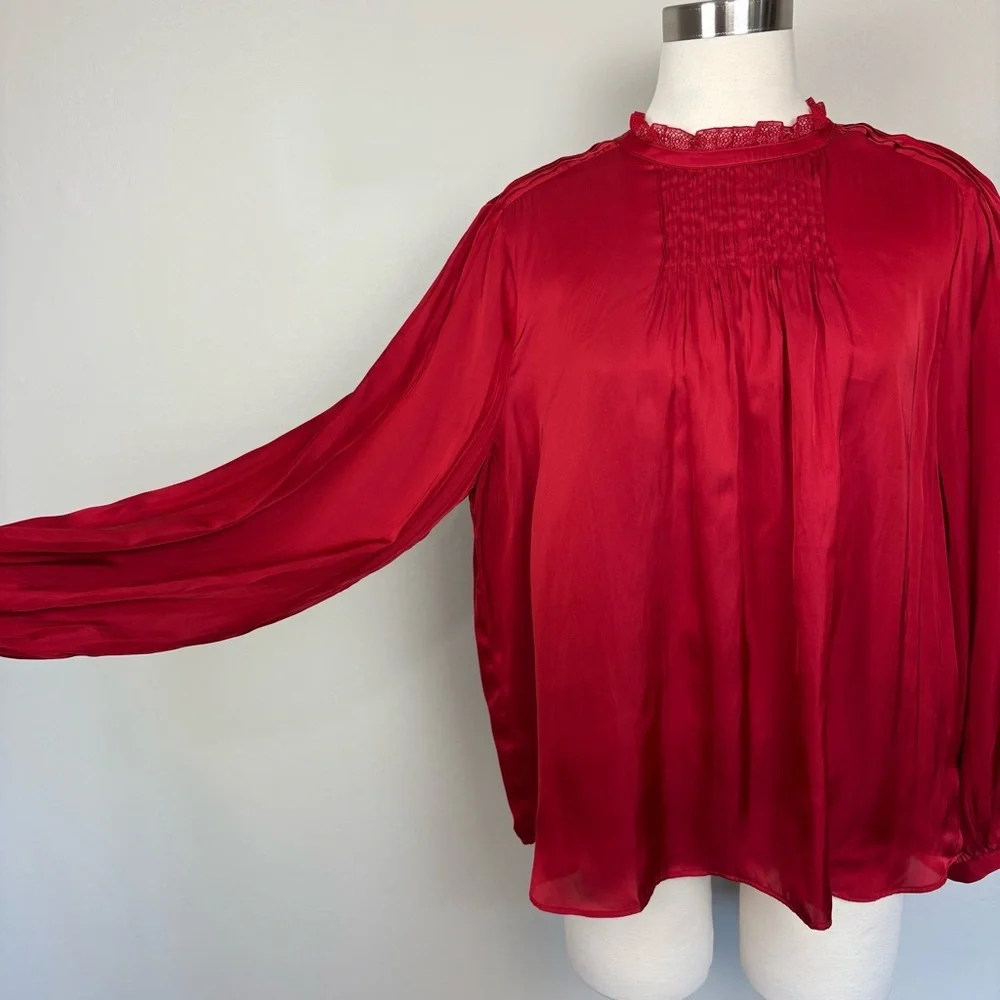 J. Crew Ruffle Neck Drapey Top NWT Size XL Red Satin Puff Sleeves Holidays Party